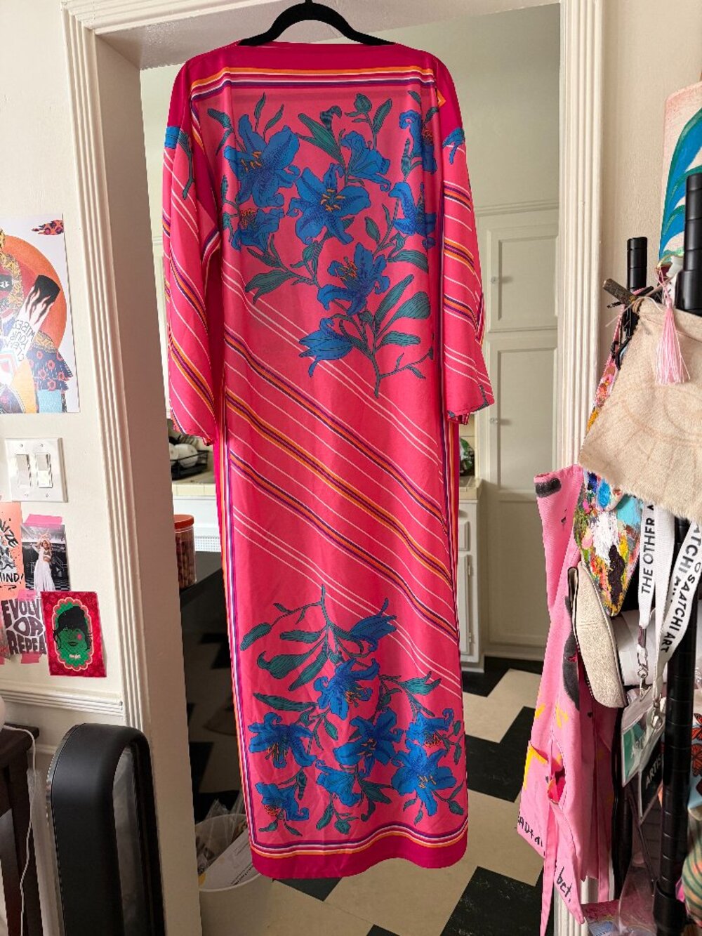 Vintage 70s Style Hot Pink Blue Lily Floral Kaftan Maxi Dress Plus 1X 2X